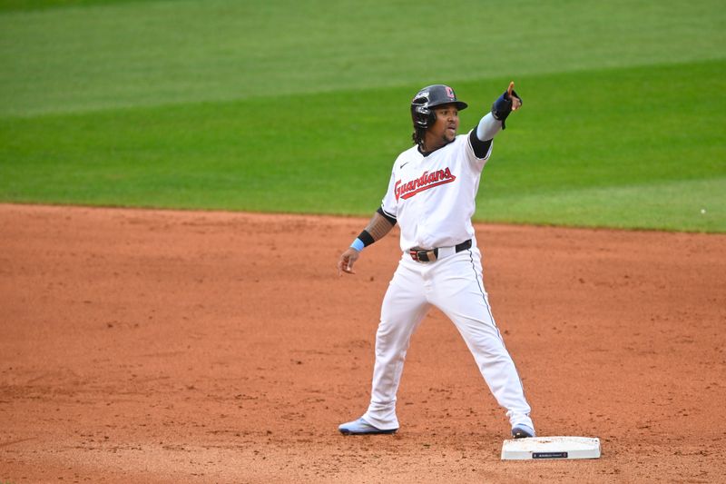 Oct 12, 2024; Cleveland, Ohio, USA; Cleveland Guardians third base José Ramírez (11) celebrates in the seventh inning against the Detroit Tigers during game five of the ALDS for the 2024 MLB Playoffs at Progressive Field. Mandatory Credit: David Richard-Imagn Images