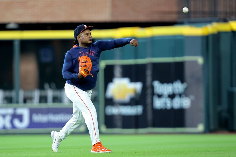 May 22, 2025; Houston, Texas, USA; Houston Astros starting pitcher Framber Valdez (59) works out prior to the game against the Seattle Mariners at Daikin Park. Mandatory Credit: Erik Williams-Imagn Images