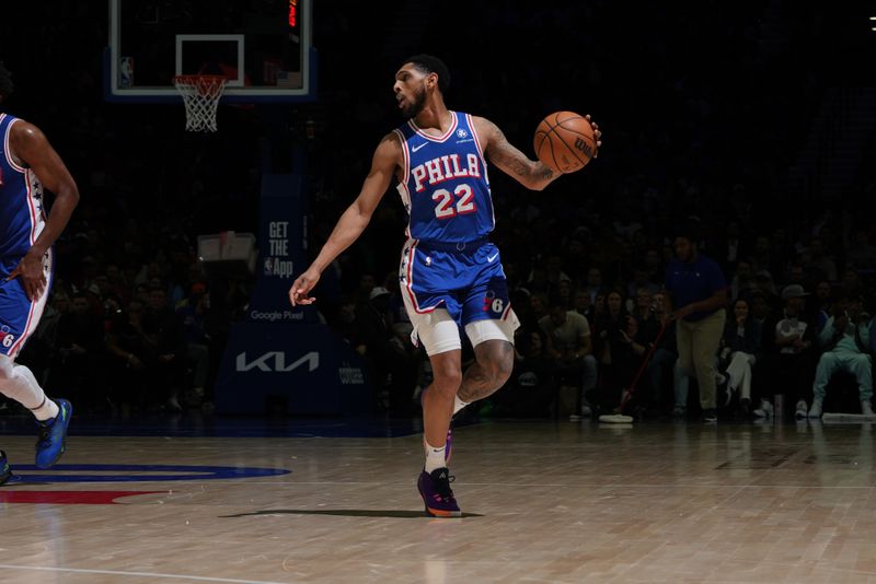 PHILADELPHIA, PA - APRIL 25: Cameron Payne #22 of the Philadelphia 76ers dribbles the ball during the game against the New York Knicks during Round 1 Game 3 of the 2024 NBA Playoffs on April 25, 2024 at the Wells Fargo Center in Philadelphia, Pennsylvania NOTE TO USER: User expressly acknowledges and agrees that, by downloading and/or using this Photograph, user is consenting to the terms and conditions of the Getty Images License Agreement. Mandatory Copyright Notice: Copyright 2024 NBAE (Photo by Jesse D. Garrabrant/NBAE via Getty Images)