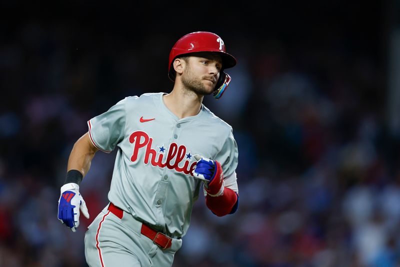 Jul 2, 2024; Chicago, Illinois, USA; Philadelphia Phillies shortstop Trea Turner (7) rounds the bases after hitting a two-run home run against the Chicago Cubs during the fifth inning at Wrigley Field. Mandatory Credit: Kamil Krzaczynski-USA TODAY Sports