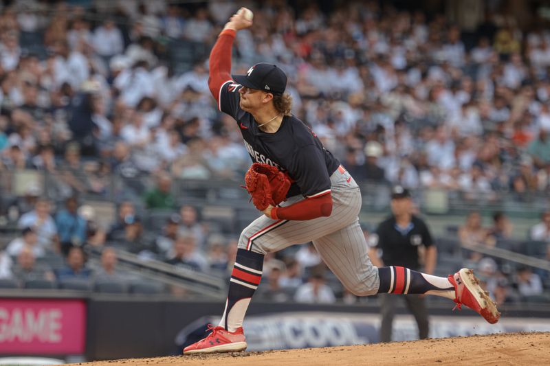 Jun 5, 2024; Bronx, New York, USA; Minnesota Twins starting pitcher Chris Paddack (20) delivers a pitch during the first inning against the New York Yankees at Yankee Stadium. Mandatory Credit: Vincent Carchietta-USA TODAY Sports