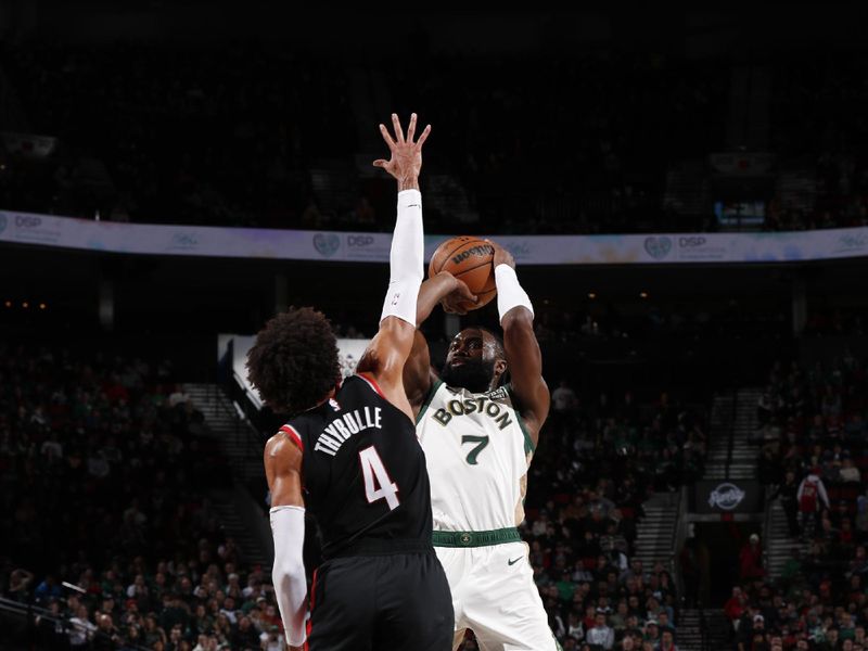 PORTLAND, OR - MARCH 11:Jaylen Brown #7 of the Boston Celtics shoots the ball during the game against the Portland Trail Blazers  on March 11, 2024 at the Moda Center Arena in Portland, Oregon. NOTE TO USER: User expressly acknowledges and agrees that, by downloading and or using this photograph, user is consenting to the terms and conditions of the Getty Images License Agreement. Mandatory Copyright Notice: Copyright 2024 NBAE (Photo by Cameron Browne/NBAE via Getty Images)