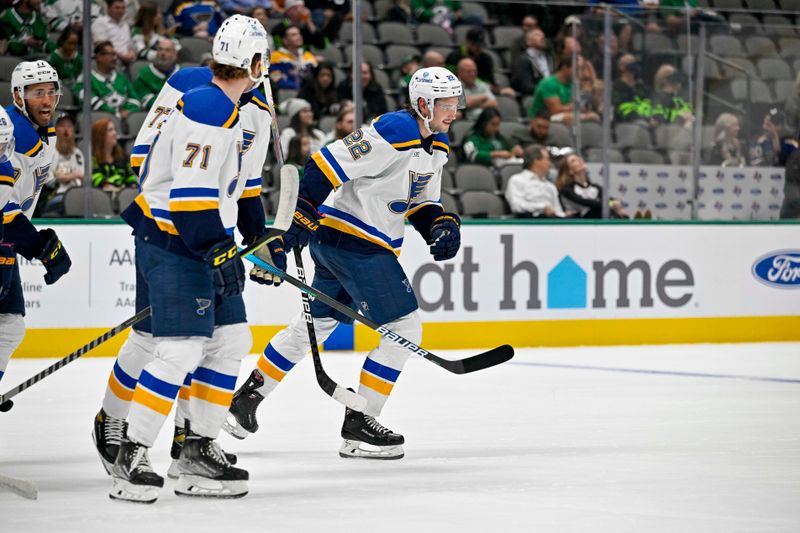 Sep 26, 2022; Dallas, Texas, USA; St. Louis Blues center Logan Brown (22) skates off the ice after scoring against the Dallas Stars during the first period at the American Airlines Center. Mandatory Credit: Jerome Miron-USA TODAY Sports