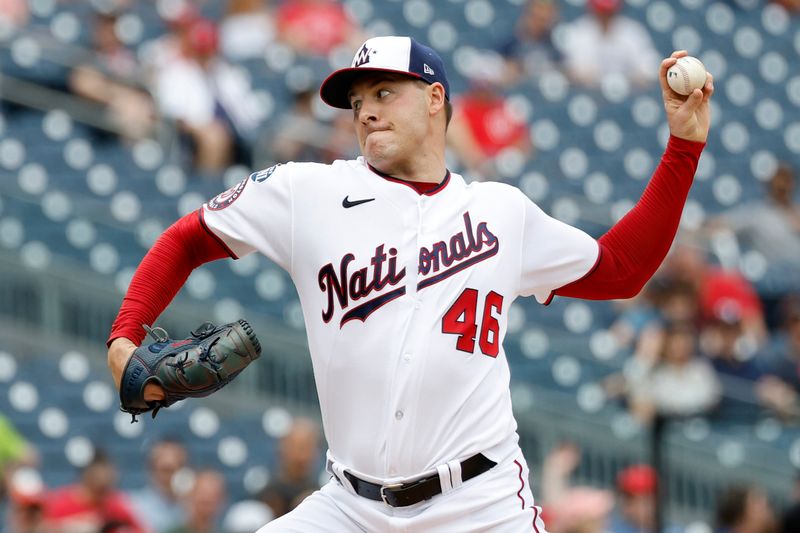 Apr 16, 2023; Washington, District of Columbia, USA; Washington Nationals starting pitcher Patrick Corbin (46) pitches against the Cleveland Guardians during the second inning at Nationals Park. Mandatory Credit: Geoff Burke-USA TODAY Sports