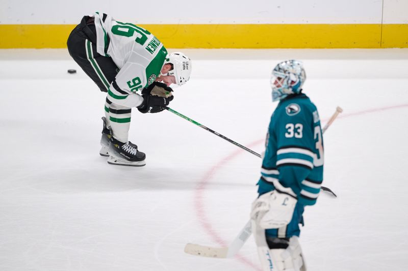 Jan 10, 2026; San Jose, California, USA; Dallas Stars right wing Mikko Rantanen (96) reacts after being called for a holding penalty against San Jose Sharks center Alexander Wennberg (not pictured) during the overtime period at SAP Center at San Jose. Mandatory Credit: Robert Edwards-Imagn Images