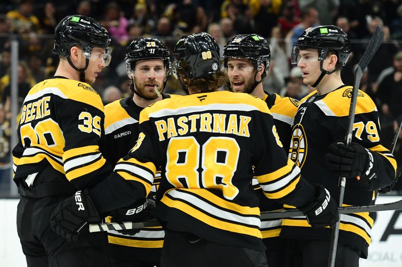 Apr 10, 2025; Boston, Massachusetts, USA; Boston Bruins right wing David Pastrnak (88) celebrates his goal with his teammates during the first period against the Chicago Blackhawks at TD Garden. Mandatory Credit: Bob DeChiara-Imagn Images