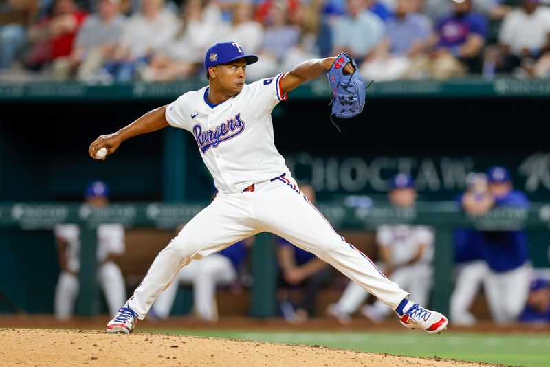 May 13, 2024; Arlington, Texas, USA; Texas Rangers pitcher José Leclerc (25) comes on in relief during the eighth inning against the Cleveland Guardians at Globe Life Field. Mandatory Credit: Andrew Dieb-USA TODAY Sports