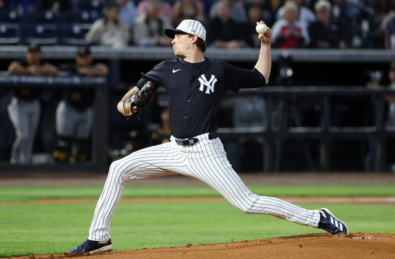 Mar 3, 2025; Tampa, Florida, USA;  New York Yankees starting pitcher Max Fried (54) throws a pitch during the first inning against the Pittsburgh Pirates at George M. Steinbrenner Field. Mandatory Credit: Kim Klement Neitzel-Imagn Images