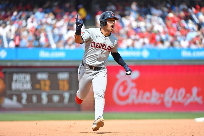 Jul 28, 2024; Philadelphia, Pennsylvania, USA; Cleveland Guardians outfielder Steven Kwan (38) celebrates his home run against the Philadelphia Phillies during the seventh inning at Citizens Bank Park. Mandatory Credit: Eric Hartline-USA TODAY Sports