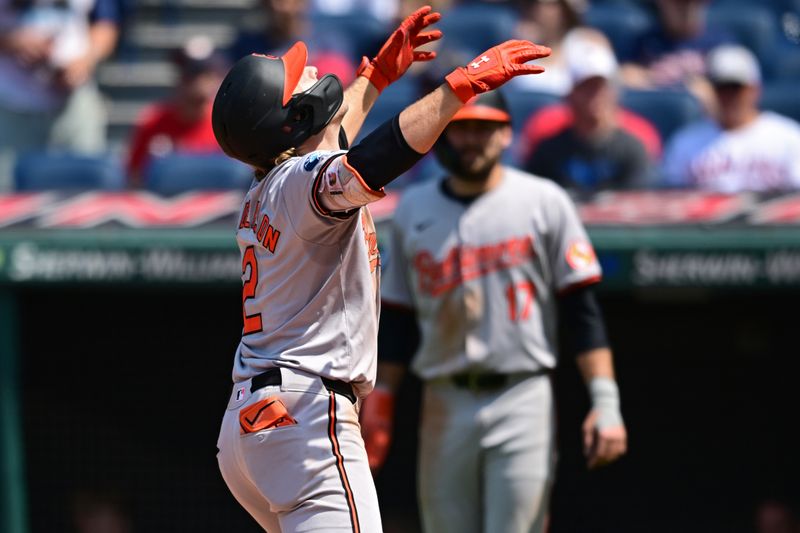 Aug 4, 2024; Cleveland, Ohio, USA; Baltimore Orioles shortstop Gunnar Henderson (2) celebrates after hitting a two-run home run during the fourth inning against the Cleveland Guardians at Progressive Field. Mandatory Credit: David Dermer-USA TODAY Sports