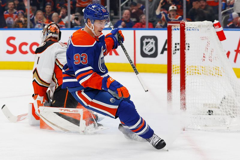 Nov 26, 2023; Edmonton, Alberta, CAN; Edmonton Oilers forward Ryan Nugent-Hopkins (93) scores a goal during the first period against Anaheim Ducks goaltender Lucas Dostal (1) at Rogers Place. Mandatory Credit: Perry Nelson-USA TODAY Sports