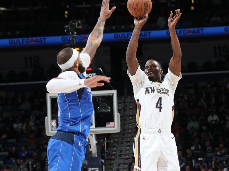 NEW ORLEANS, LA - JANUARY 15:  Javonte Green #4 of the New Orleans Pelicans shoots a three point basket during the game against the Dallas Mavericks on January 15, 2025 at the Smoothie King Center in New Orleans, Louisiana. NOTE TO USER: User expressly acknowledges and agrees that, by downloading and or using this Photograph, user is consenting to the terms and conditions of the Getty Images License Agreement. Mandatory Copyright Notice: Copyright 2025 NBAE (Photo by Layne Murdoch Jr./NBAE via Getty Images)