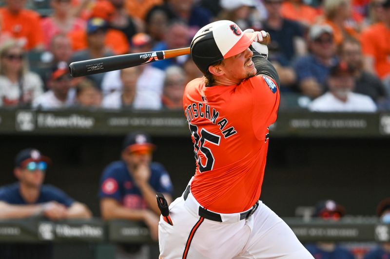 Aug 24, 2024; Baltimore, Maryland, USA; Baltimore Orioles catcher Adley Rutschman (35) doubles during the third inning against the Houston Astros  at Oriole Park at Camden Yards. Mandatory Credit: Tommy Gilligan-USA TODAY Sports