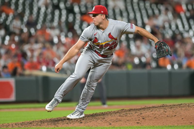 Sep 13, 2023; Baltimore, Maryland, USA;  St. Louis Cardinals relief pitcher Ryan Helsley (56) throws  a ninth inning pitch against the Baltimore Orioles at Oriole Park at Camden Yards. Mandatory Credit: Tommy Gilligan-USA TODAY Sports