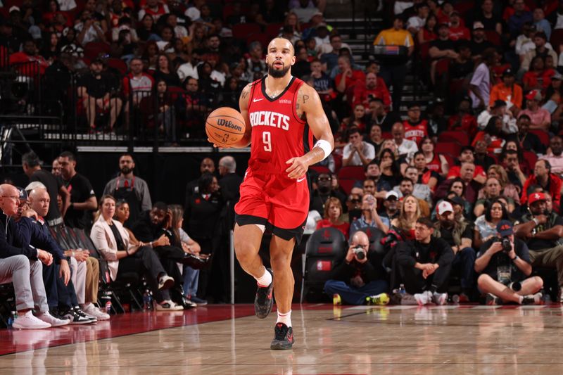 HOUSTON, TX - NOVEMBER 11: Dillon Brooks #9 of the Houston Rockets dribbles the ball during the game against the Washington Wizards on November 11, 2024 at the Toyota Center in Houston, Texas. NOTE TO USER: User expressly acknowledges and agrees that, by downloading and or using this photograph, User is consenting to the terms and conditions of the Getty Images License Agreement. Mandatory Copyright Notice: Copyright 2024 NBAE (Photo by KeShawn Ennis/NBAE via Getty Images)