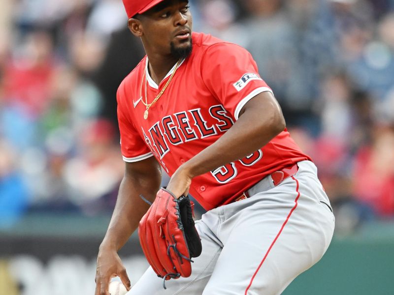 May 30, 2025; Cleveland, Ohio, USA; Los Angeles Angels starting pitcher Jose Soriano (59) throws a pitch during the first inning against the Cleveland Guardians at Progressive Field. Mandatory Credit: Ken Blaze-Imagn Images
