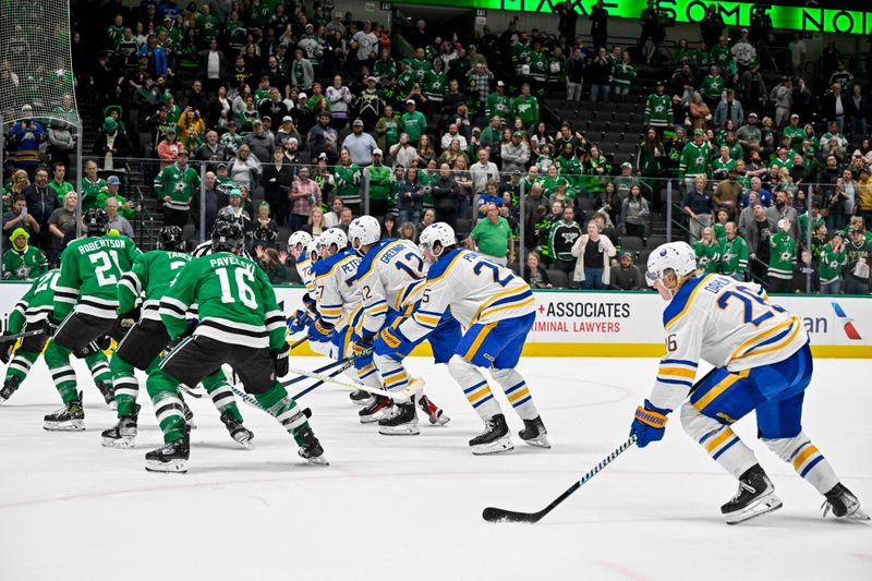 Apr 9, 2024; Dallas, Texas, USA; A view of the face-off with 0.02 seconds left in game between the Dallas Stars and the Buffalo Sabres at the American Airlines Center. Mandatory Credit: Jerome Miron-USA TODAY Sports