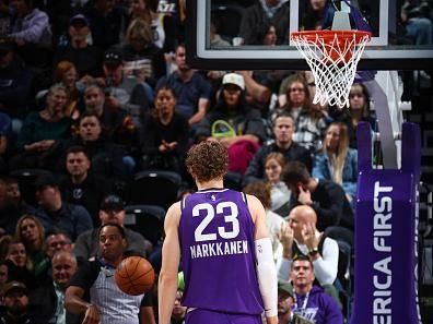 SALT LAKE CITY, UT - DECEMBER 18: Lauri Markkanen #23 of the Utah Jazz prepares to shoot a free throw during the game against the Brooklyn Nets on December 18, 2023 at vivint.SmartHome Arena in Salt Lake City, Utah. NOTE TO USER: User expressly acknowledges and agrees that, by downloading and or using this Photograph, User is consenting to the terms and conditions of the Getty Images License Agreement. Mandatory Copyright Notice: Copyright 2023 NBAE (Photo by Melissa Majchrzak/NBAE via Getty Images)