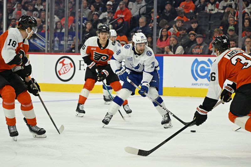 Jan 10, 2026; Philadelphia, Pennsylvania, USA; Tampa Bay Lightning left wing Brandon Hagel (38) skates with puck against the Philadelphia Flyers during the second period at Xfinity Mobile Arena. Mandatory Credit: Eric Hartline-Imagn Images