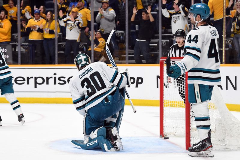 Mar 19, 2024; Nashville, Tennessee, USA; San Jose Sharks goaltender Magnus Chrona (30) and defenseman Marc-Edouard Vlasic (44) react after a goal during the third period against the Nashville Predators at Bridgestone Arena. Mandatory Credit: Christopher Hanewinckel-USA TODAY Sports