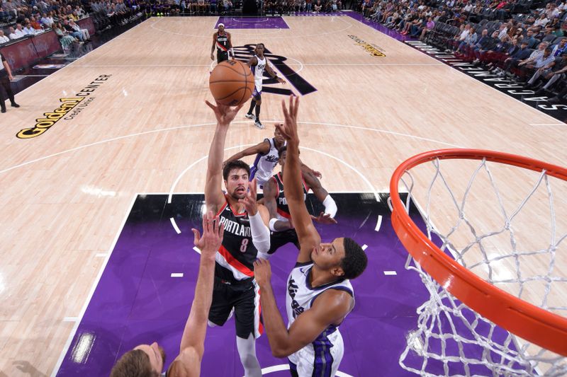 SACRAMENTO, CA - OCTOBER 13: Deni Avdija #8 of the Portland Trail Blazers shoots the ball during the game against the Sacramento Kings during a NBA preseason game on October 13, 2024 at Golden 1 Center in Sacramento, California. NOTE TO USER: User expressly acknowledges and agrees that, by downloading and or using this Photograph, user is consenting to the terms and conditions of the Getty Images License Agreement. Mandatory Copyright Notice: Copyright 2024 NBAE (Photo by Rocky Widner/NBAE via Getty Images)