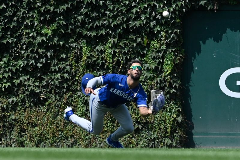 Aug 20, 2023; Chicago, Illinois, USA;  Kansas City Royals right fielder MJ Melendez (1) catches a fly ball hit by Chicago Cubs shortstop Dansby Swanson (7) during the fourth inning at Wrigley Field. Mandatory Credit: Matt Marton-USA TODAY Sports