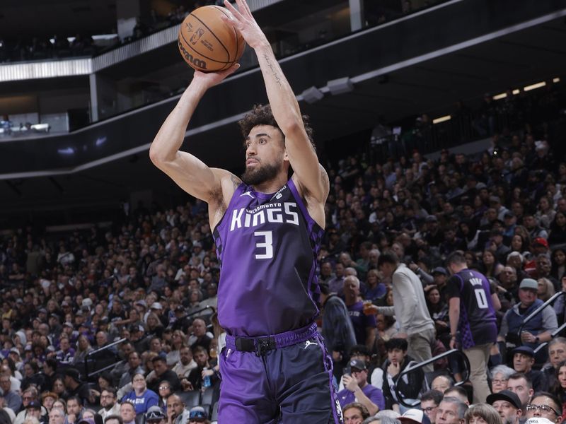 SACRAMENTO, CA - MARCH 4: Chris Duarte #3 of the Sacramento Kings shoots the ball during the game against the Chicago Bulls on March 4, 2024 at Golden 1 Center in Sacramento, California. NOTE TO USER: User expressly acknowledges and agrees that, by downloading and or using this Photograph, user is consenting to the terms and conditions of the Getty Images License Agreement. Mandatory Copyright Notice: Copyright 2024 NBAE (Photo by Rocky Widner/NBAE via Getty Images)