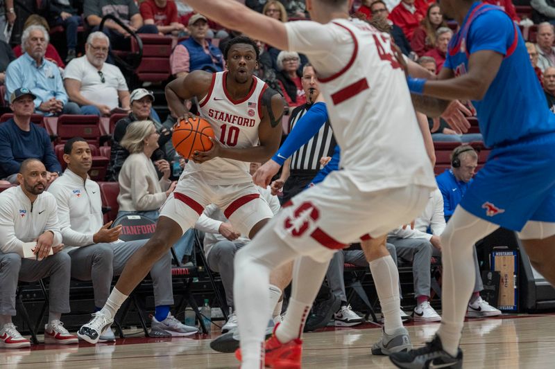 Mar 1, 2025; Stanford, California, USA;  Stanford Cardinal forward Chisom Okpara (10) looks to pass the ball during the first half against the Southern Methodist Mustangs at Maples Pavilion. Mandatory Credit: Stan Szeto-Imagn Images