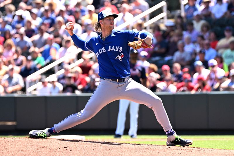 Mar 20, 2024; North Port, Florida, USA; Toronto Blue Jays starting pitcher Bowden Francis (44) throws a pitch in the first inning of the spring training game against the Atlanta Braves at CoolToday Park. Mandatory Credit: Jonathan Dyer-USA TODAY Sports