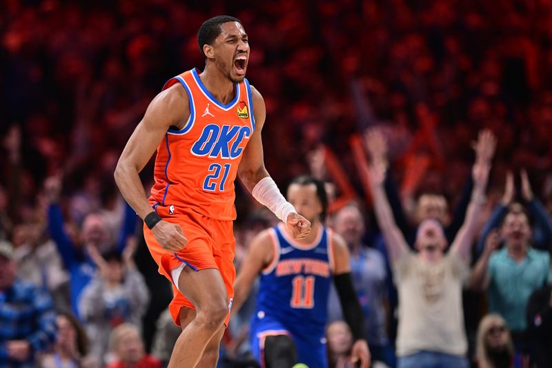 OKLAHOMA CITY, OKLAHOMA - JANUARY 03: Aaron Wiggins #21 of the Oklahoma City Thunder celebrates during the second half against the New York Knicks at Paycom Center on January 3, 2025 in Oklahoma City, Oklahoma. NOTE TO USER: User expressly acknowledges and agrees that, by downloading and or using this photograph, User is consenting to the terms and conditions of the Getty Images License Agreement. (Photo by Joshua Gateley/Getty Images)