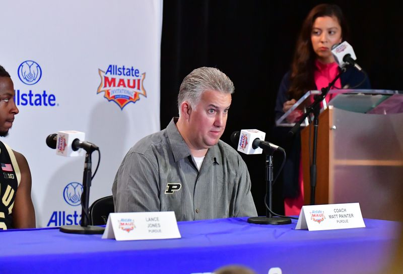 Nov 20, 2023; Honolulu, Hawaii, USA;  
Purdue Boilermakers head coach Matt Painter speaks during a press conference after Purdue defeats the Gonzaga Bulldogs at SimpliFi Arena at Stan Sheriff Center. Mandatory Credit: Steven Erler-USA TODAY Sports