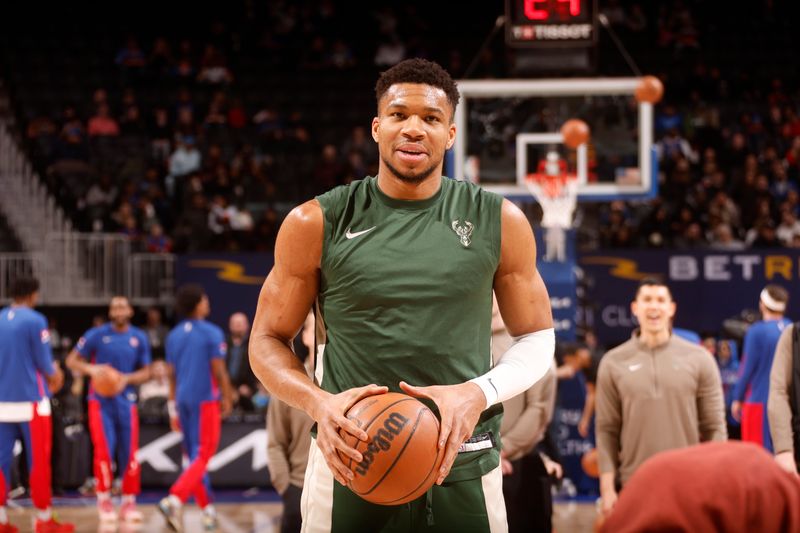 DETROIT, MI - JANUARY 22:  Giannis Antetokounmpo #34 of the Milwaukee Bucks warms up before the game against the Detroit Pistons on January 22, 2024 at Little Caesars Arena in Detroit, Michigan. NOTE TO USER: User expressly acknowledges and agrees that, by downloading and/or using this photograph, User is consenting to the terms and conditions of the Getty Images License Agreement. Mandatory Copyright Notice: Copyright 2024 NBAE (Photo by Brian Sevald/NBAE via Getty Images)