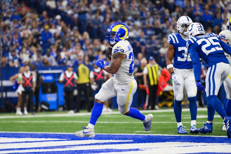 Los Angeles Rams running back Kyren Williams (23) runs in for a touchdown during an NFL football game against the Indianapolis Colts, Sunday, Oct. 1, 2023, in Indianapolis. (AP Photo/Zach Bolinger)