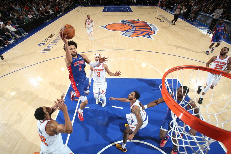 NEW YORK, NY - JANUARY 13: Cade Cunningham #2 of the Detroit Pistons drives to the basket during the game against the New York Knicks on January 13, 2025 at Madison Square Garden in New York City, New York.  NOTE TO USER: User expressly acknowledges and agrees that, by downloading and or using this photograph, User is consenting to the terms and conditions of the Getty Images License Agreement. Mandatory Copyright Notice: Copyright 2025 NBAE  (Photo by Nathaniel S. Butler/NBAE via Getty Images)