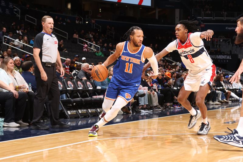 WASHINGTON, DC -? OCTOBER 18: Jalen Brunson #11 of the New York Knicks drives to the basket during the game against the Washington Wizards on October 18, 2024 at Capital One Arena in Washington, DC. NOTE TO USER: User expressly acknowledges and agrees that, by downloading and or using this Photograph, user is consenting to the terms and conditions of the Getty Images License Agreement. Mandatory Copyright Notice: Copyright 2024 NBAE (Photo by Kenny Giarla/NBAE via Getty Images)