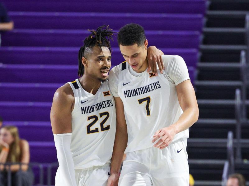 Nov 20, 2023; Fort Myers, Florida, USA;  West Virginia Mountaineers forward Josiah Harris (22) and center Jesse Edwards (7) react after a called timeout against the Southern Methodist Mustangs in the first half during the Fort Myers Tip-Off at Suncoast Credit Union Arena. Mandatory Credit: Nathan Ray Seebeck-USA TODAY Sports