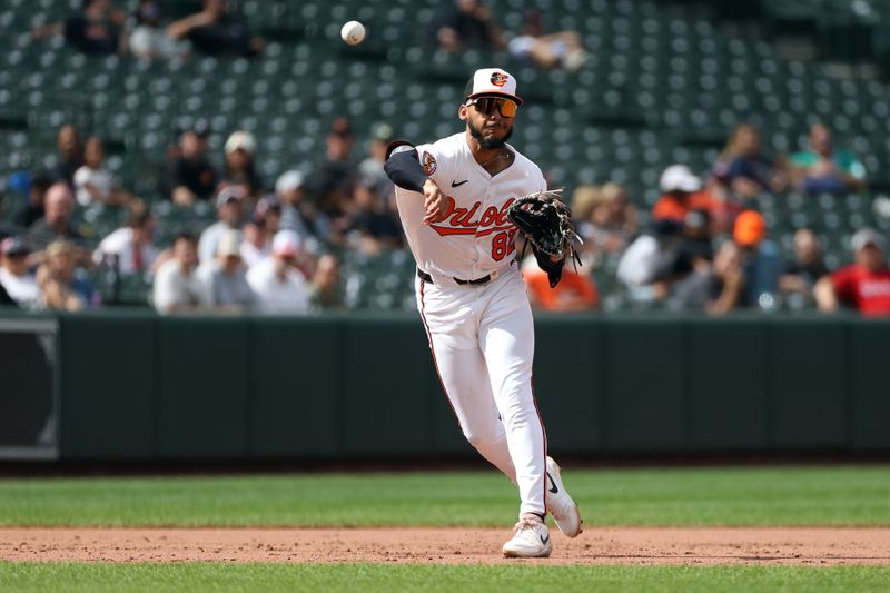 Aug 28, 2025; Baltimore, Maryland, USA; Baltimore Orioles second baseman Jeremiah Jackson (82) throws to first for an out during the ninth inning against the Boston Red Sox at Oriole Park at Camden Yards. Mandatory Credit: Daniel Kucin Jr.-Imagn Images Aug 28, 2025; Baltimore, Maryland, USA; Baltimore Orioles second baseman Jeremiah Jackson (82) throws to first for an out during the ninth inning against the Boston Red Sox at Oriole Park at Camden Yards. Mandatory Credit: Daniel Kucin Jr.-Imagn Images