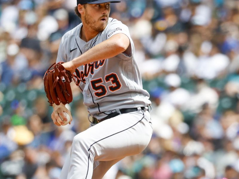 Jul 16, 2023; Seattle, Washington, USA; Detroit Tigers relief pitcher Mason Englert (53) throws against the Seattle Mariners during the seventh inning at T-Mobile Park. Mandatory Credit: Joe Nicholson-USA TODAY Sports