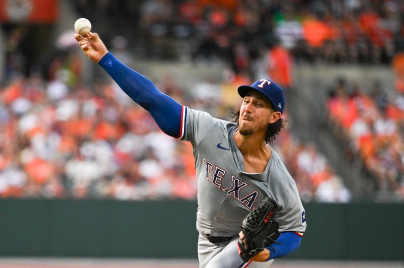 Jun 29, 2024; Baltimore, Maryland, USA;  Texas Rangers pitcher Michael Lorenzen (23) throws a first inning pitch against the Baltimore Orioles at Oriole Park at Camden Yards. Mandatory Credit: Tommy Gilligan-USA TODAY Sports