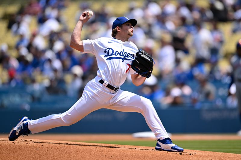 Apr 20, 2024; Los Angeles, California, USA; Los Angeles Dodgers pitcher Gavin Stone (71) throws a pitch against the New York Mets during the first inning at Dodger Stadium. Mandatory Credit: Jonathan Hui-USA TODAY Sports