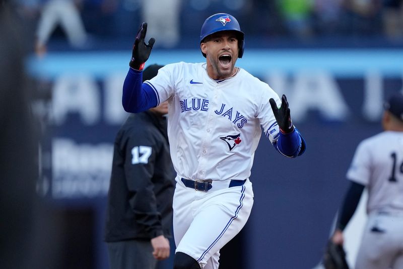 Jun 27, 2024; Toronto, Ontario, CAN; Toronto Blue Jays right fielder George Springer (4) reacts as he runs the bases on his three-run home run against the New York Yankees during the first inning at Rogers Centre. Mandatory Credit: John E. Sokolowski-USA TODAY Sports