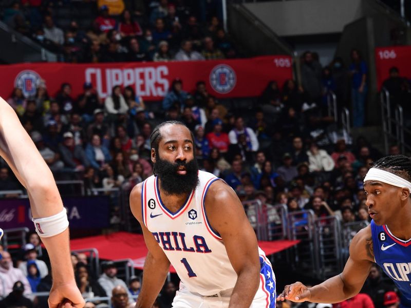 LOS ANGELES, CA - JANUARY 17: James Harden #1 of the Philadelphia 76ers dribbles the ball during the game against the LA Clippers on January 17, 2023 at Crypto.Com Arena in Los Angeles, California. NOTE TO USER: User expressly acknowledges and agrees that, by downloading and/or using this Photograph, user is consenting to the terms and conditions of the Getty Images License Agreement. Mandatory Copyright Notice: Copyright 2023 NBAE (Photo by Adam Pantozzi/NBAE via Getty Images)