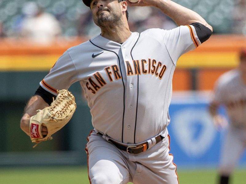 Jul 24, 2023; Detroit, Michigan, USA; San Francisco Giants relief pitcher Scott Alexander (54) pitches in the eighth inning against the Detroit Tigers at Comerica Park. Mandatory Credit: David Reginek-USA TODAY Sports