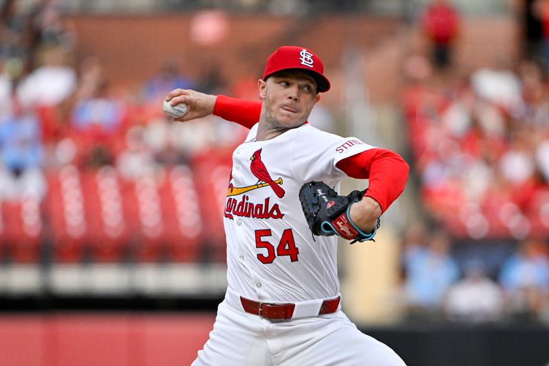 Aug 6, 2024; St. Louis, Missouri, USA;  St. Louis Cardinals starting pitcher Sonny Gray (54) pitches against the Tampa Bay Rays during the first inning at Busch Stadium. Mandatory Credit: Jeff Curry-USA TODAY Sports