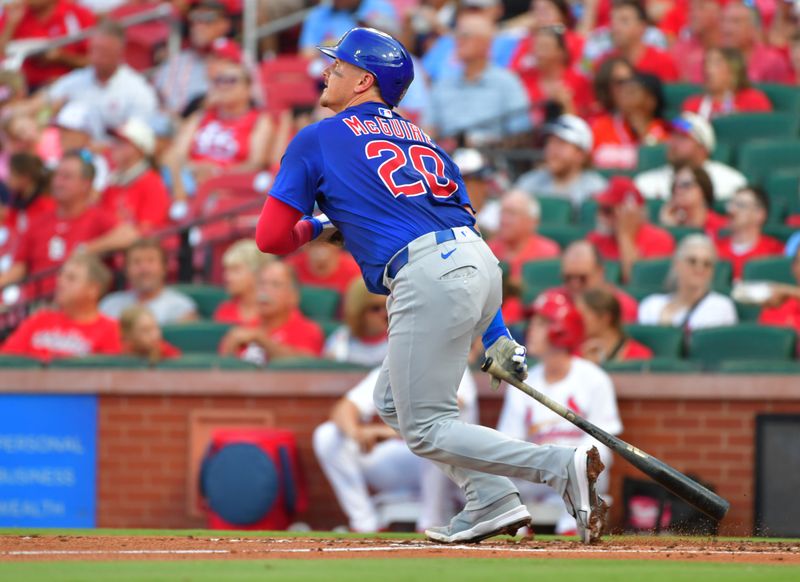 Jun 25, 2025; St. Louis, Missouri, USA; Chicago Cubs catcher Reese McGuire (20) watches his second inning two run homer against the St. Louis Cardinals at Busch Stadium. Mandatory Credit: Tim Vizer-Imagn Images 