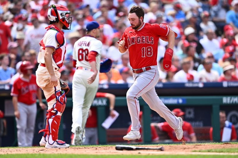 Aug 30, 2023; Philadelphia, Pennsylvania, USA; Los Angeles Angels first baseman Nolan Schanuel (18) advances home to score against the Philadelphia Phillies in the fifth inning at Citizens Bank Park. Mandatory Credit: Kyle Ross-USA TODAY Sports