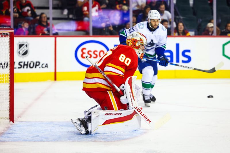 Sep 28, 2024; Calgary, Alberta, CAN; Calgary Flames goaltender Dan Vladar (80) makes a save against the Vancouver Canucks during the first period at Scotiabank Saddledome. Mandatory Credit: Sergei Belski-Imagn Images