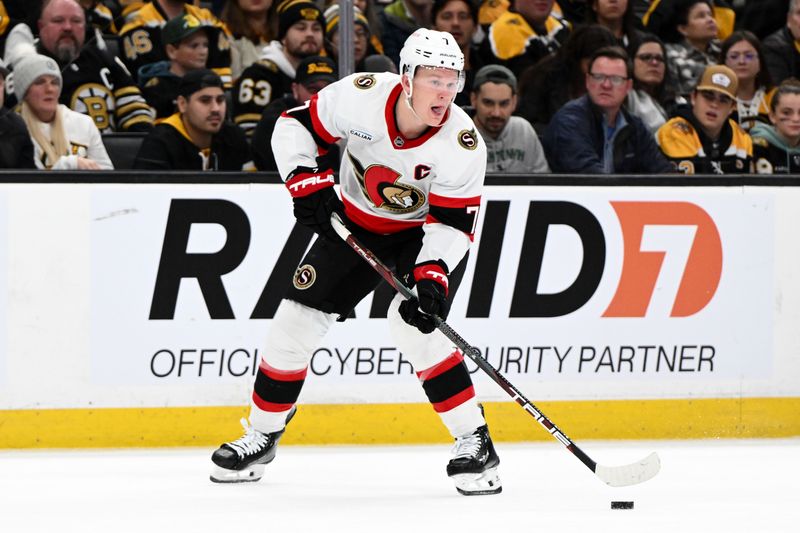 Nov 9, 2024; Boston, Massachusetts, USA; Ottawa Senators left wing Brady Tkachuk (7) skates with the puck during an overtime period against the Boston Bruins at TD Garden. Mandatory Credit: Brian Fluharty-Imagn Images