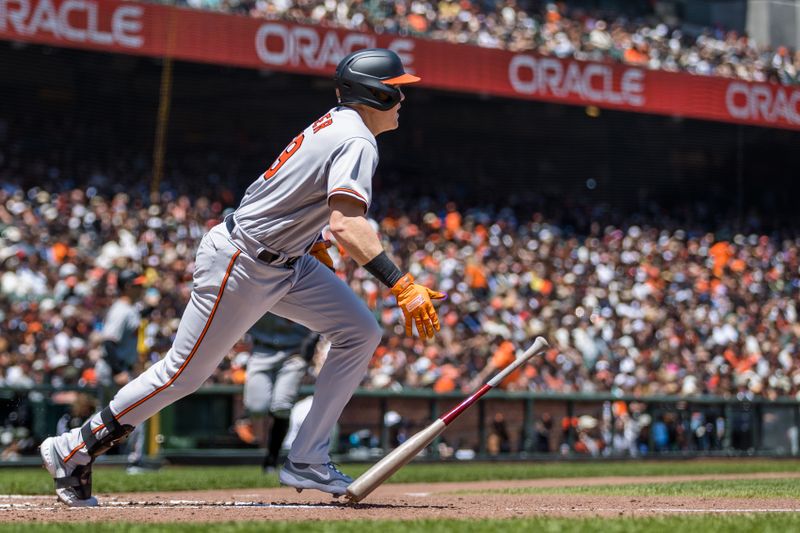 Jun 4, 2023; San Francisco, California, USA; Baltimore Orioles third baseman Josh Lester (49) hits a two-run single against the San Francisco Giants during the third inning at Oracle Park. Mandatory Credit: John Hefti-USA TODAY Sports