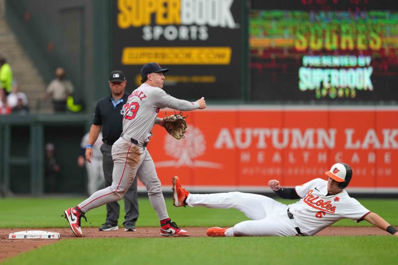 May 27, 2024; Baltimore, Maryland, USA; Boston Red Sox shortstop Romy Gonzalez (23) forces out Baltimore Orioles first baseman Ryan Mouncastle (6) in the third inning at Oriole Park at Camden Yards. Mandatory Credit: Mitch Stringer-USA TODAY Sports